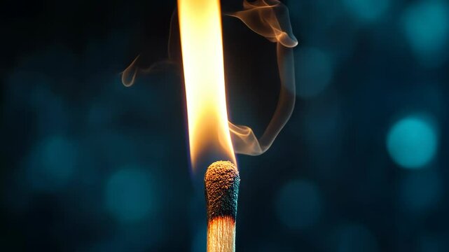 Close-up of a burning matchstick with a glowing flame against a dark background