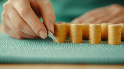 Person Engaging With Turquoise Fabric Using A Tool.