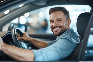 Obraz premium A happy man is driving a new car at a showroom, looking over his shoulder and smiling at the camera while sitting in the driver's seat of his vehicle
