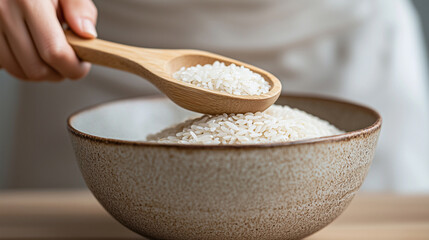 A female hand holding a wooden scoop over a bowl of uncooked rice