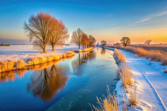 Icy stillness blankets Bleskensgraaf in South Holland, a breathtaking frozen landscape in the Dutch Alblasserwaard.