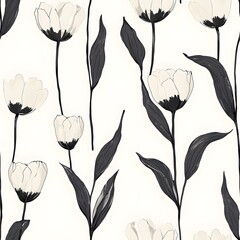 black and white tulip floral seamless pattern