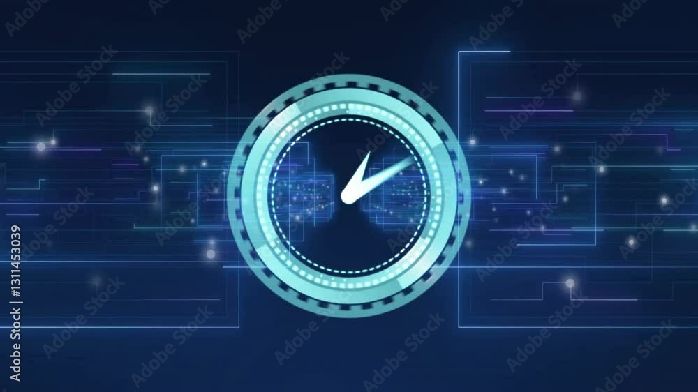 Poster futuristic digital clock animation with glowing circuits on dark blue background