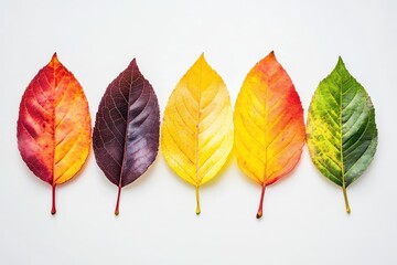 Five colorful autumn leaves showing the change of seasons on white background