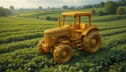 Fototapeta premium Golden Tractor in Lush Green Field Agriculture Harvest Farming Rural Scene