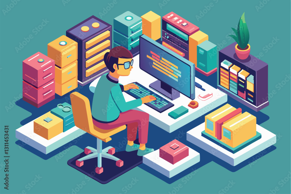 Poster a programmer codes at a colorful desk surrounded by plants and organized storage, creating a vibrant