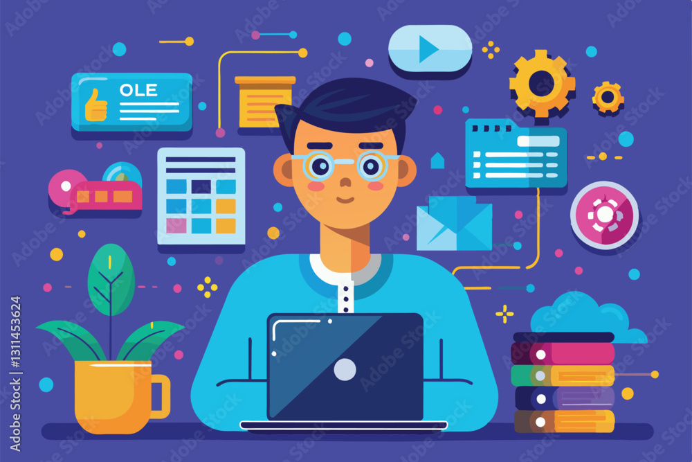 Poster a programmer engages with a laptop, immersed in dynamic tasks surrounded by colorful digital element