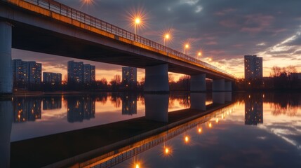 City Twilight Scene Moment Bridge Illuminated Reflections