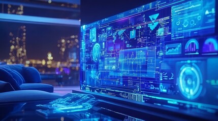 Obraz premium Futuristic TV screen displays data analytics, overlooking city skyline