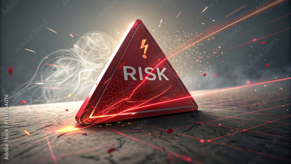 Poster sleek red triangle with word risk in bold is surrounded by dynamic light effects, symbolizing cautio