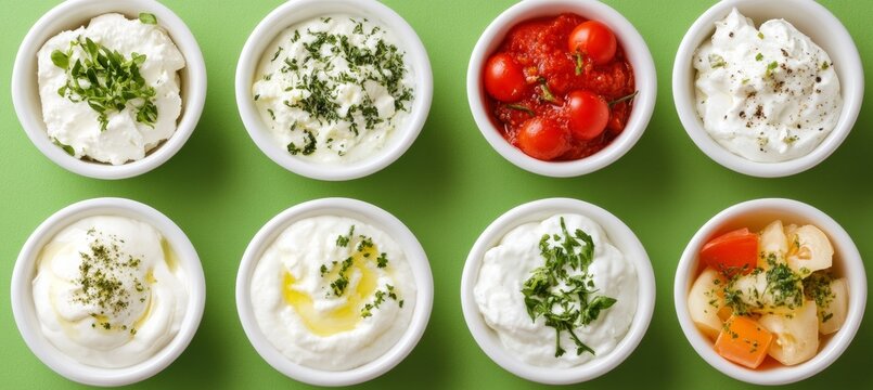 Six Colorful Bowls Filled with Fresh Dips, Sauces, and Toppings on a Vibrant Green Background