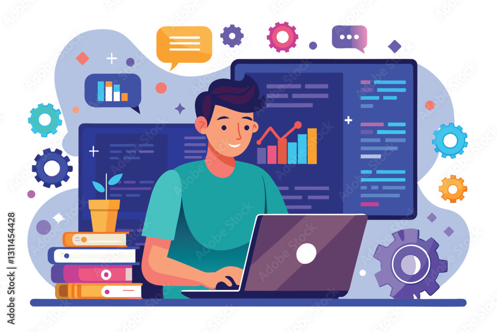 Poster a programmer is focused on coding at a laptop, with books and charts around in a bright workspace, m