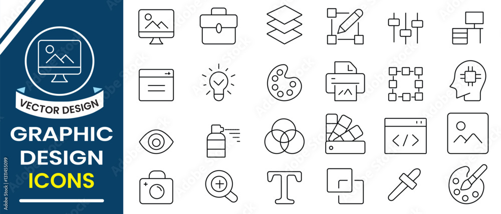 Poster graphic design line icon vector set. graphic design and web design line icons tool, vector illustrat