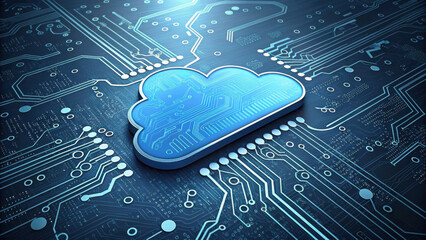 Cloud symbol on circuit board background represents digital connectivity and technology integration. image highlights concept of cloud computing and data storage in modern digital landscape