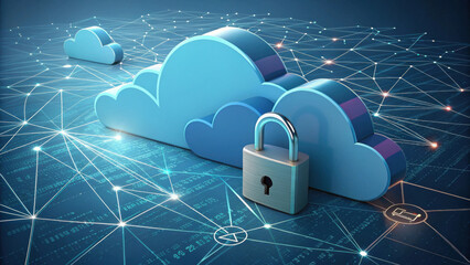 digital illustration of cloud storage with padlock symbolizes secure cloud based file storage and network protection. interconnected network lines emphasize data security