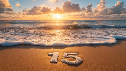 Number 15 in Sand with Ocean Waves at Sunrise