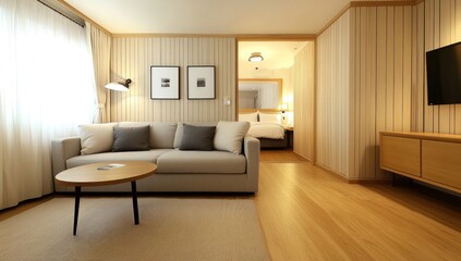 Modern living room with beige sofa, wooden floors, and a view of a bedroom.