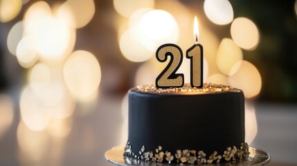Black and Gold 21st Birthday Cake with Candle Flame