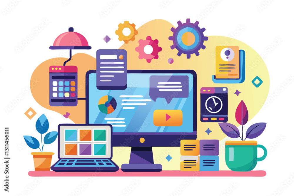 Poster a vibrant workspace layout showcases a computer, laptop, and smartphone surrounded by coding element