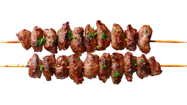 "A set of perfectly grilled kebabs, with marinated beef and a touch of seasoning, served on skewers, isolated on transparent background, ideal for restaurant menus