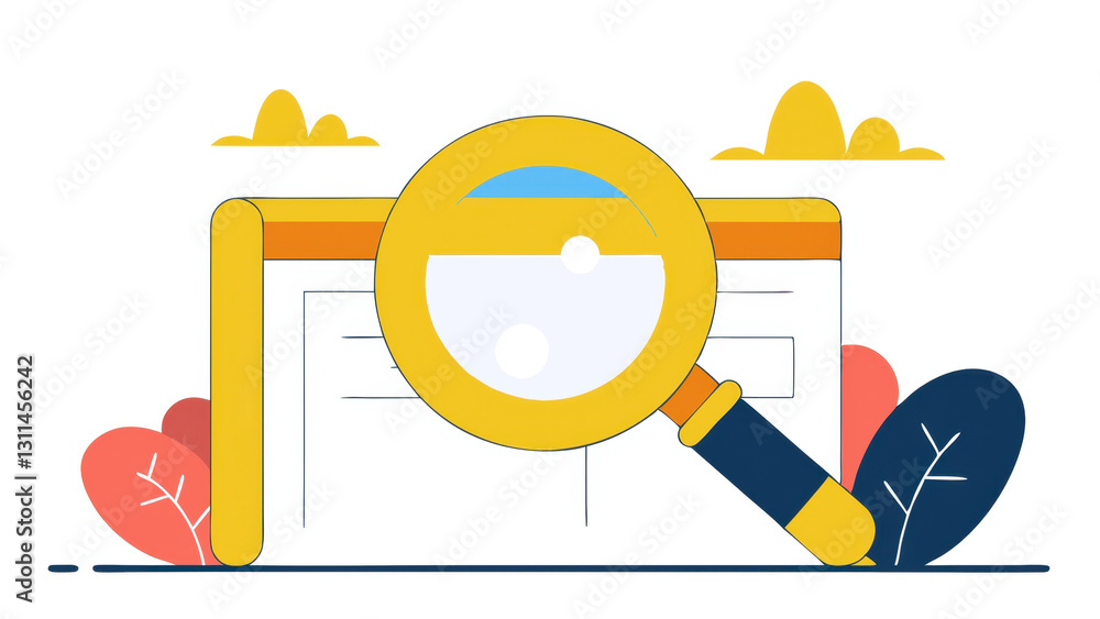 Poster large yellow magnifying glass is placed over webpage, symbolizing concept of search and exploration 
