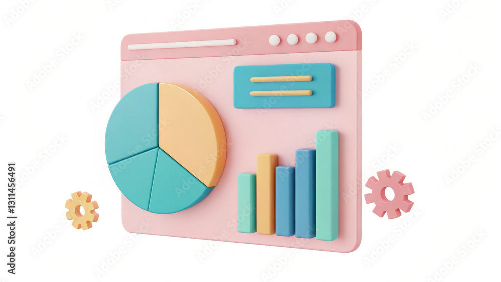 Poster 3d illustration of business analytics dashboard features pie chart and bar graphs in pastel colors, 
