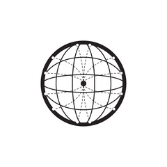 Black and white globe icon with interconnected lines and nodes, symbolizing global network, communication, technology, connectivity, internet, and worldwide connection in a minimal vector style.