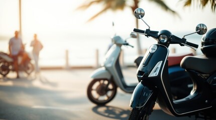 Scooters line the beachfront in a vibrant coastal town during golden hour, inviting adventure and exploration under the soft setting sun