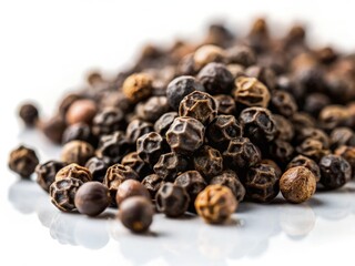Obraz premium Macro tilt-shift photography showcases black peppercorns against a pure white backdrop. High-resolution stock image.