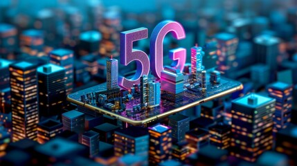 Obraz premium Futuristic 5G Technology Concept with Glowing Signal in Cityscape