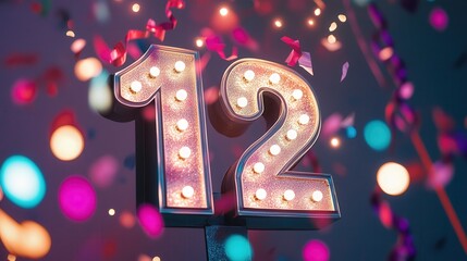 Illuminated 12 Marquee Sign with Confetti and Festive Lighting