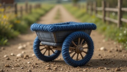 Fototapeta premium Rustic Blue Wooden Wagon on Dirt Road Prop