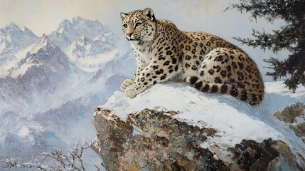 Fototapeta premium Snow leopard perched on a snowy mountain ledge, piercing eyes staring ahead