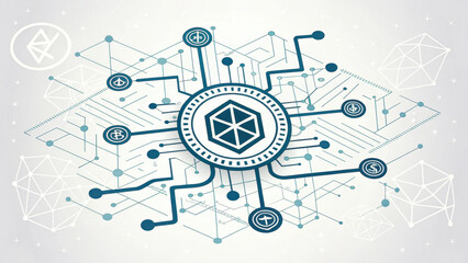 digital illustration of blockchain technology showcases decentralized network with interconnected nodes and circuit patterns, symbolizing secure data exchange