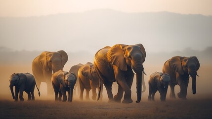 Fototapeta premium African Elephant Herd at Sunset in the Savanna