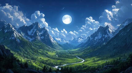 Majestic mountains cascade into a serene valley where a crystal-clear river meanders beneath a...