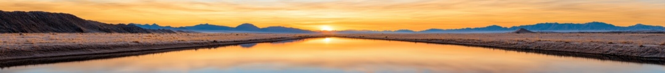 Obraz premium Desert and oasis solitude concept. Serene sunset reflecting on calm waters with distant mountains and a tranquil atmosphere.