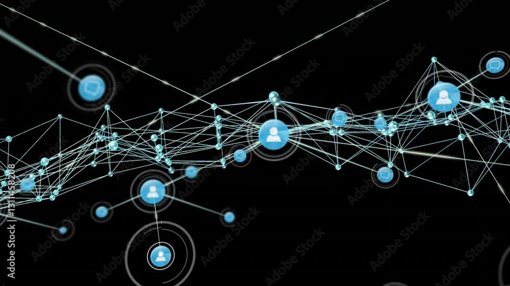Poster network of connections and data processing animation over black background