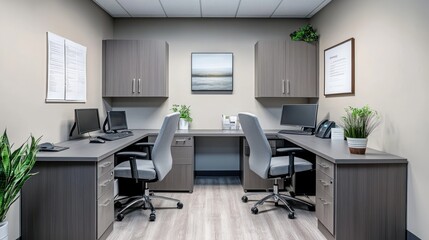 Modern office shared workspace, two desks, plants