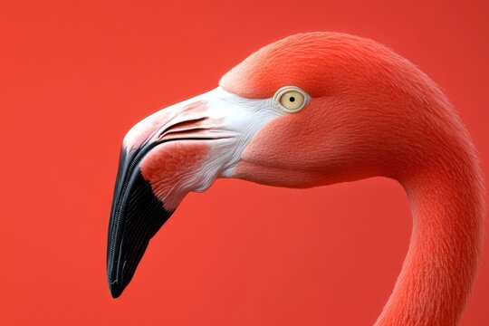A close-up of a vibrant flamingo against a striking red background - Powered by Adobe