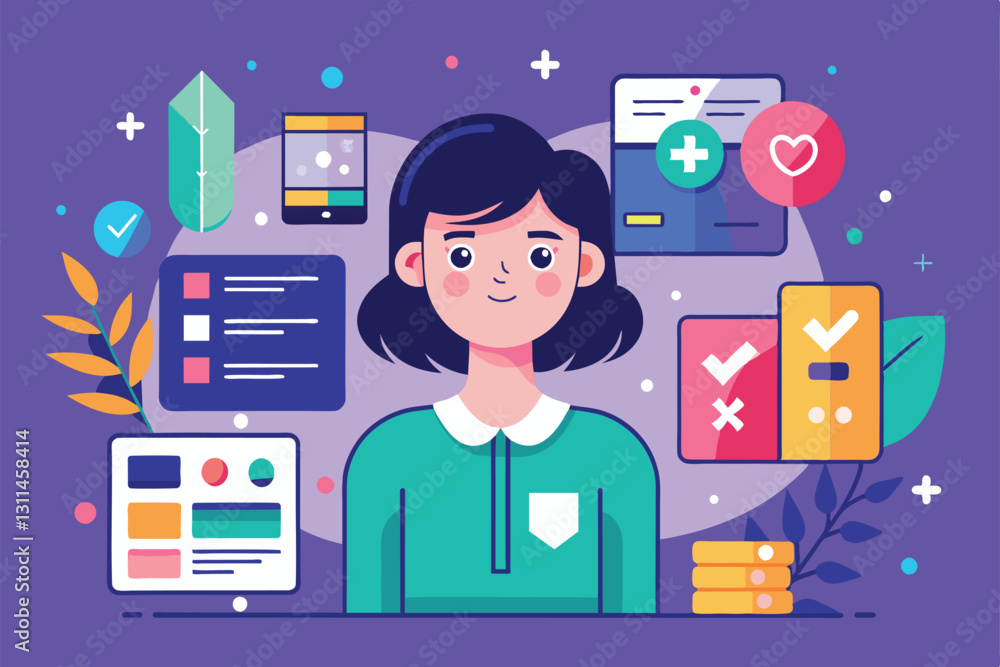 Poster a young woman stands surrounded by different digital interface elements, showcasing app customizatio