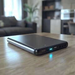 Portable charger on wooden table