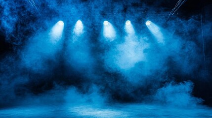 The enchanting atmosphere of a stage illuminated by dynamic lighting and enveloped in smoke.