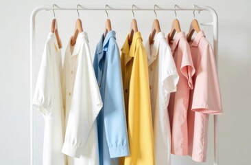 pastel-colored blouses and shirts are hanging on a hanger