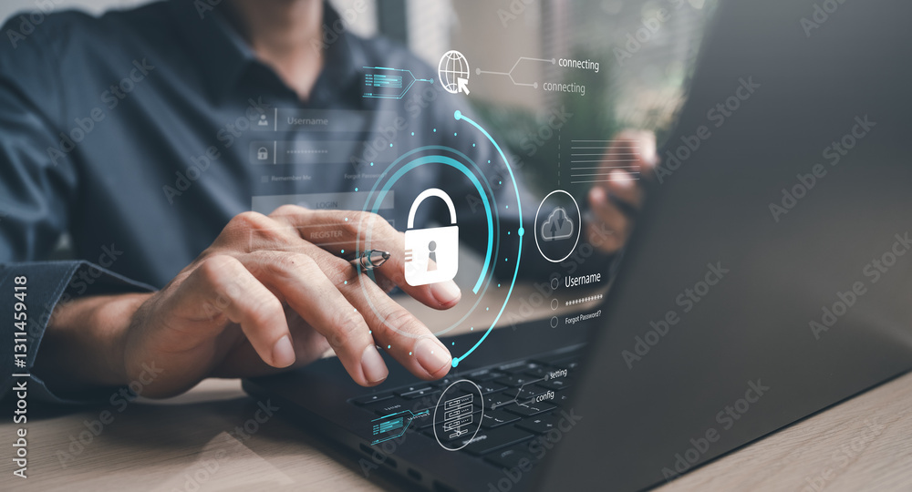 Poster cyber security system technology. secure information privacy. crime network technology.