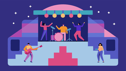Naklejka premium Virtual Concert A vibrant depiction of a virtual concert experience with avatars of people dancing and enjoying a live performance by a virtual band on a colorful stage complete