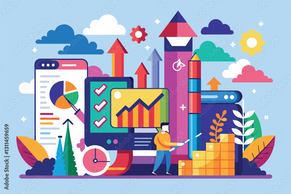 Poster a vibrant graphic illustrates a customizable progress overview highlighting growth metrics and analy