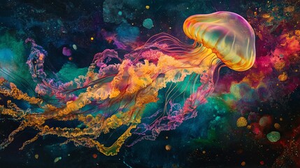 Unique jellyfish floating in vibrant neon hues underwater