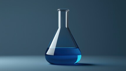 Glass Erlenmeyer flask filled with blue liquid, laboratory equipment for scientific experiments and research. 