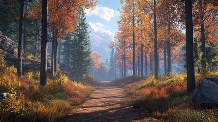 Fototapeta premium A serene forest trail with tall trees on either side